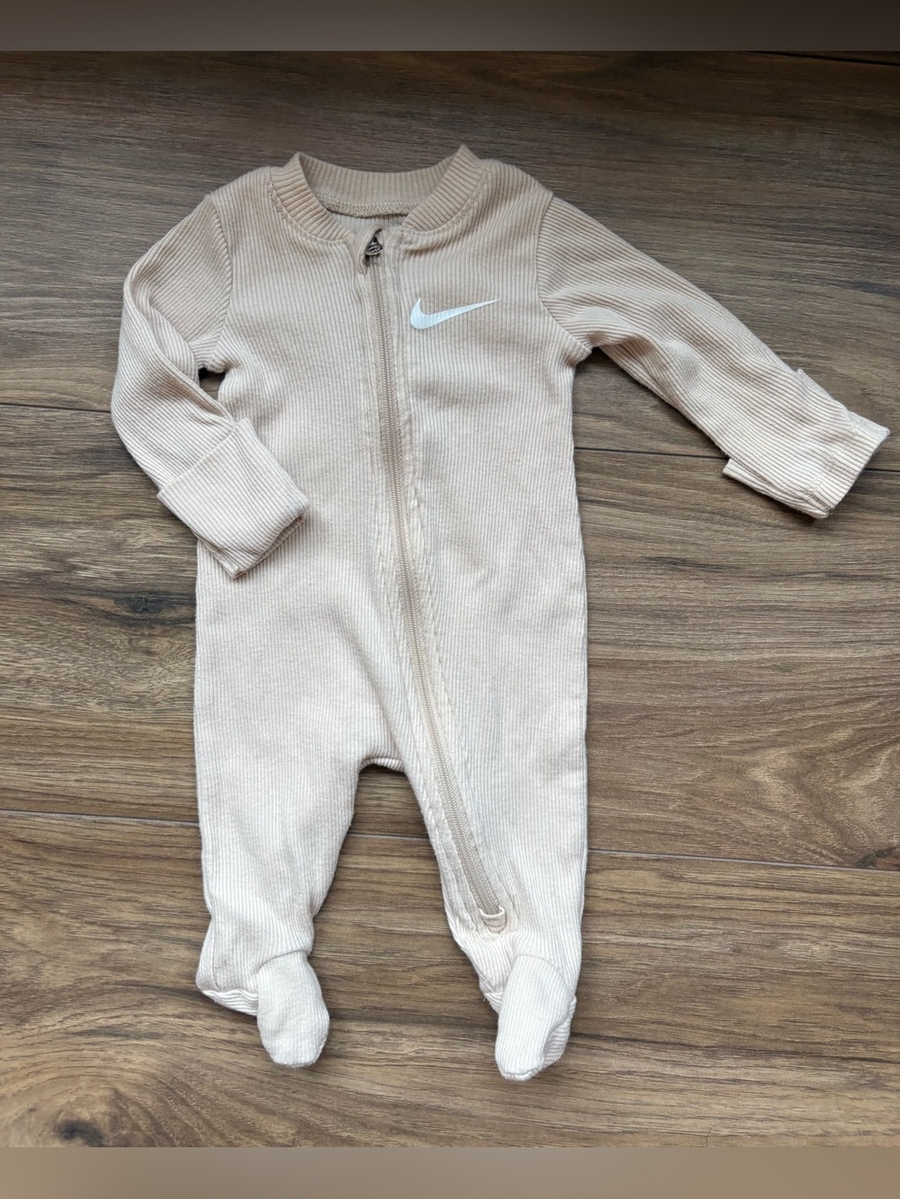 Nike Cream Ribbed Zip-Front Baby Footed One-Piece